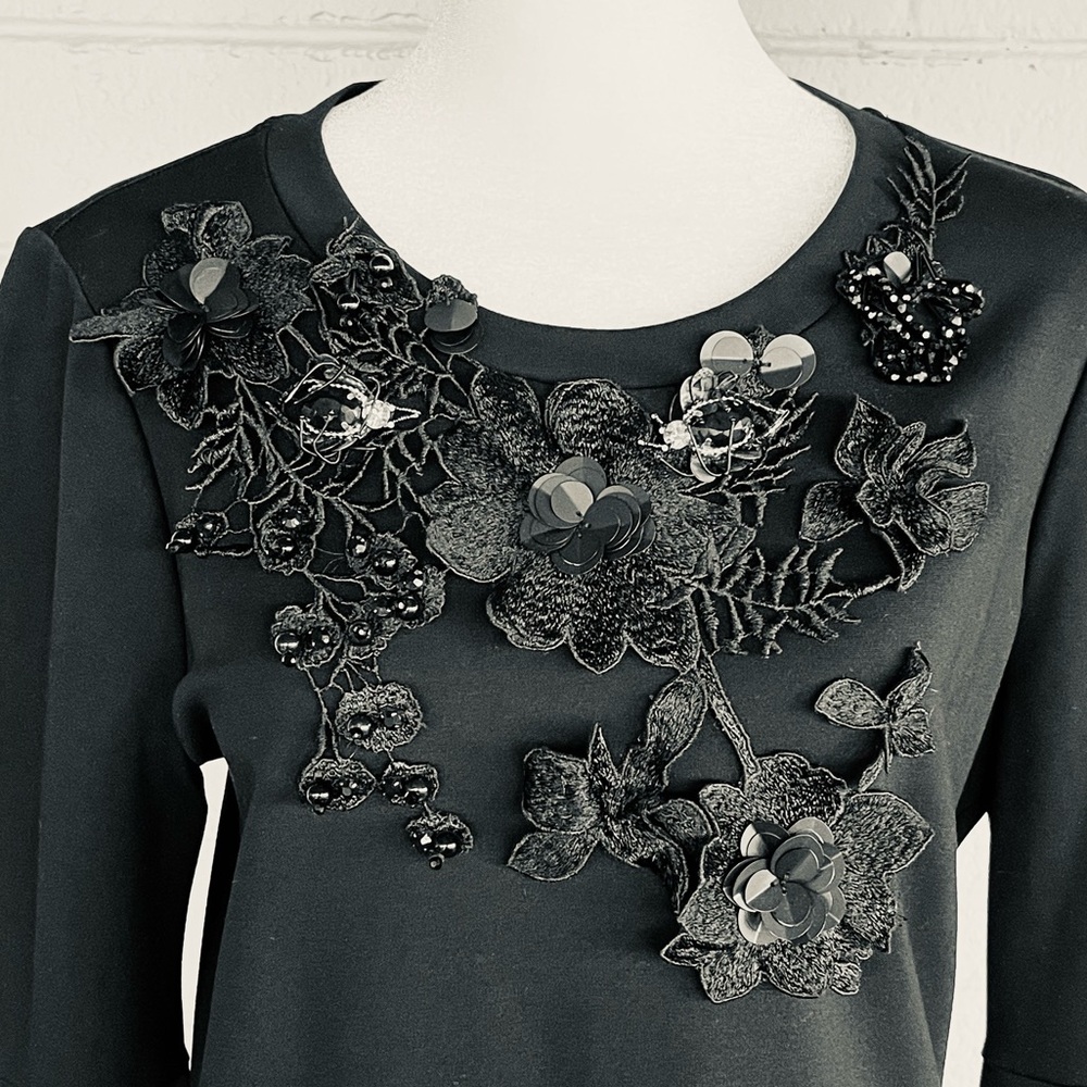 Kobi Halperin black midi dress adorned w/ lace, beads & stones. Bell sleeves. M